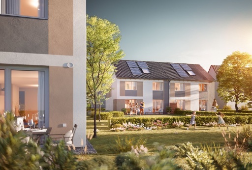 Reihenhaus mit großem Garten und Photovoltaik-Anlage im Effizienzhaus 40 NH Standard. 