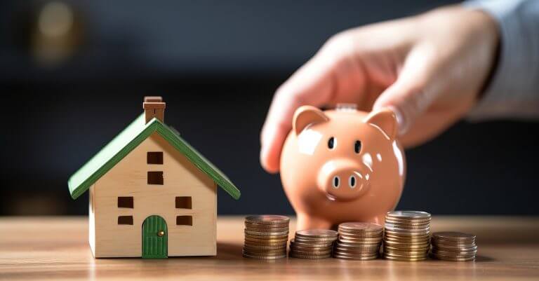 Auf einem Tisch stehen ein Spielzeug-Haus, Geldmünzen und ein Sparschwein.