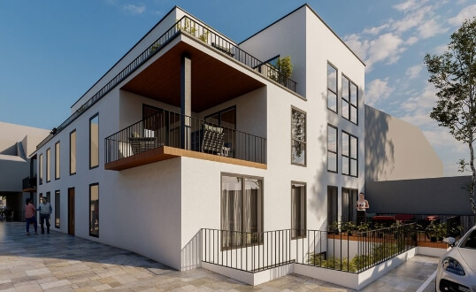 Markante Fassade eines Neubaus mit riesigem überdachten Balkon. Änderungen an der Fassade müssen mit der WEG abgesprochen werden. 