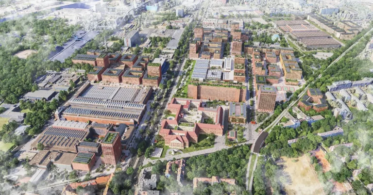 Das Bild zeigt Siemensstadt Square aus der Vogelperspektive: ein modernes Quartier mit begrünten Dächern, Solarpaneelen und umgeben von Grünflächen, das bis 2035 in Berlin-Spandau entsteht.