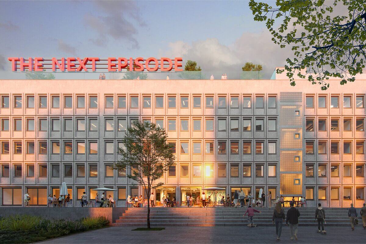 DDR-Stahlbetonbau in neuem Gewand: Das Bestandsgebäude BLOCK-E bietet nach der Sanierung z.B. ein Café im Erdgeschoss.